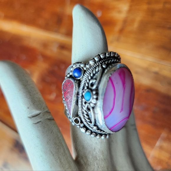 Agate, Lapis, Turquoise & Coral Gemstone Adjustable Statement Ring - Picture 4 of 16